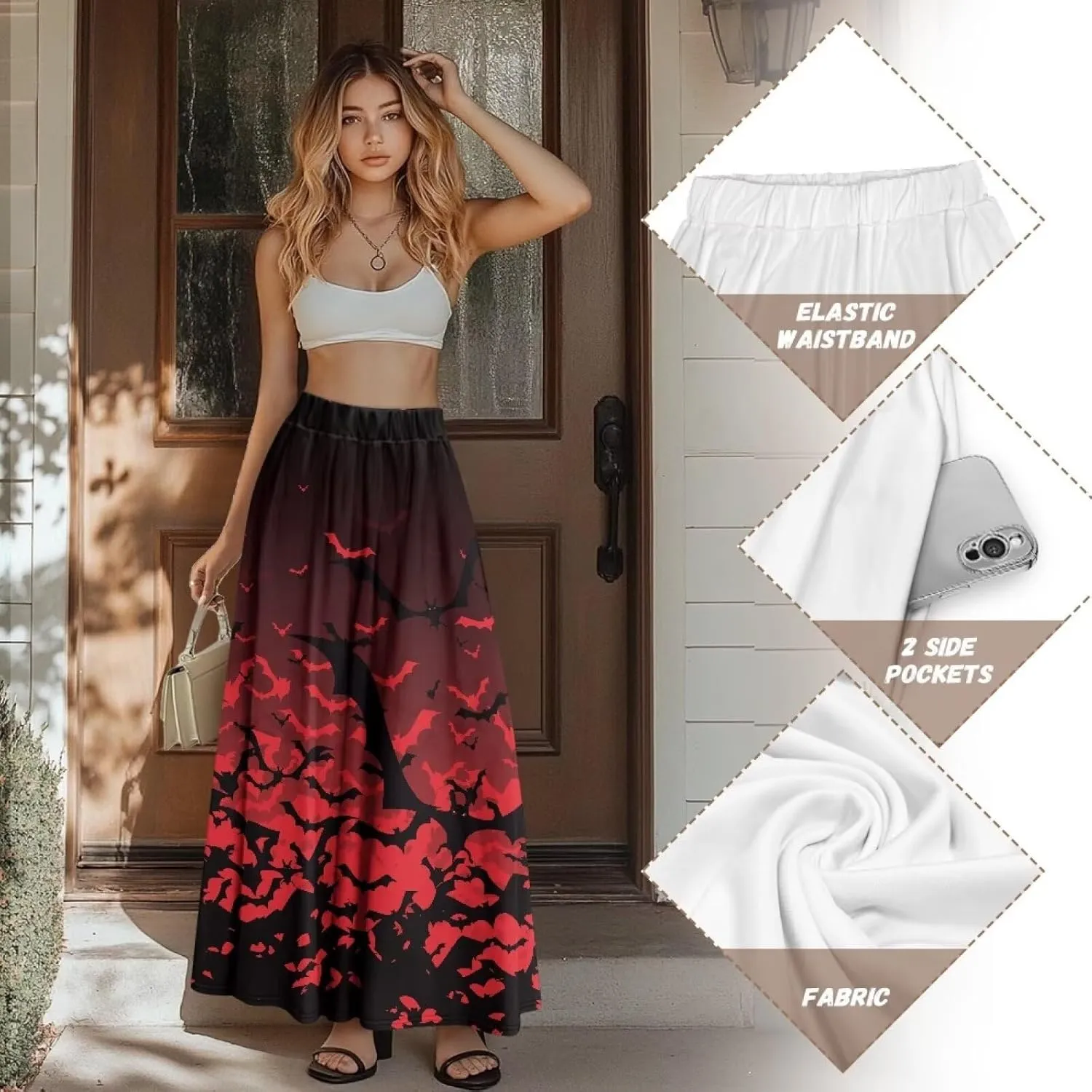 Women's Elastic High Waist Maxi Skirts Full/Ankle Length Flowy Skirt with Pockets Casual Print A Line Long Skirt