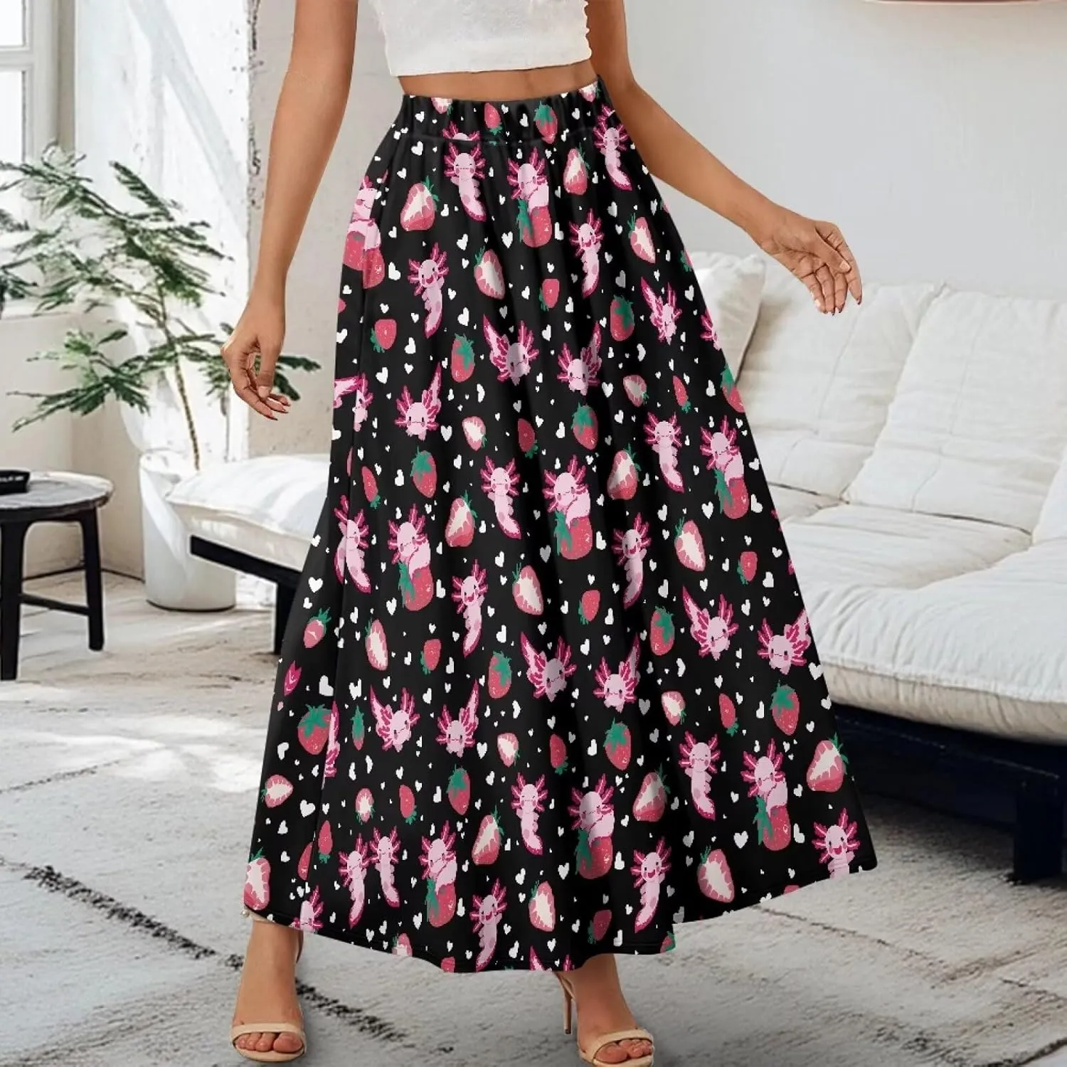 Women's Elastic High Waist Maxi Skirts Full/Ankle Length Flowy Skirt with Pockets Casual Print A Line Long Skirt