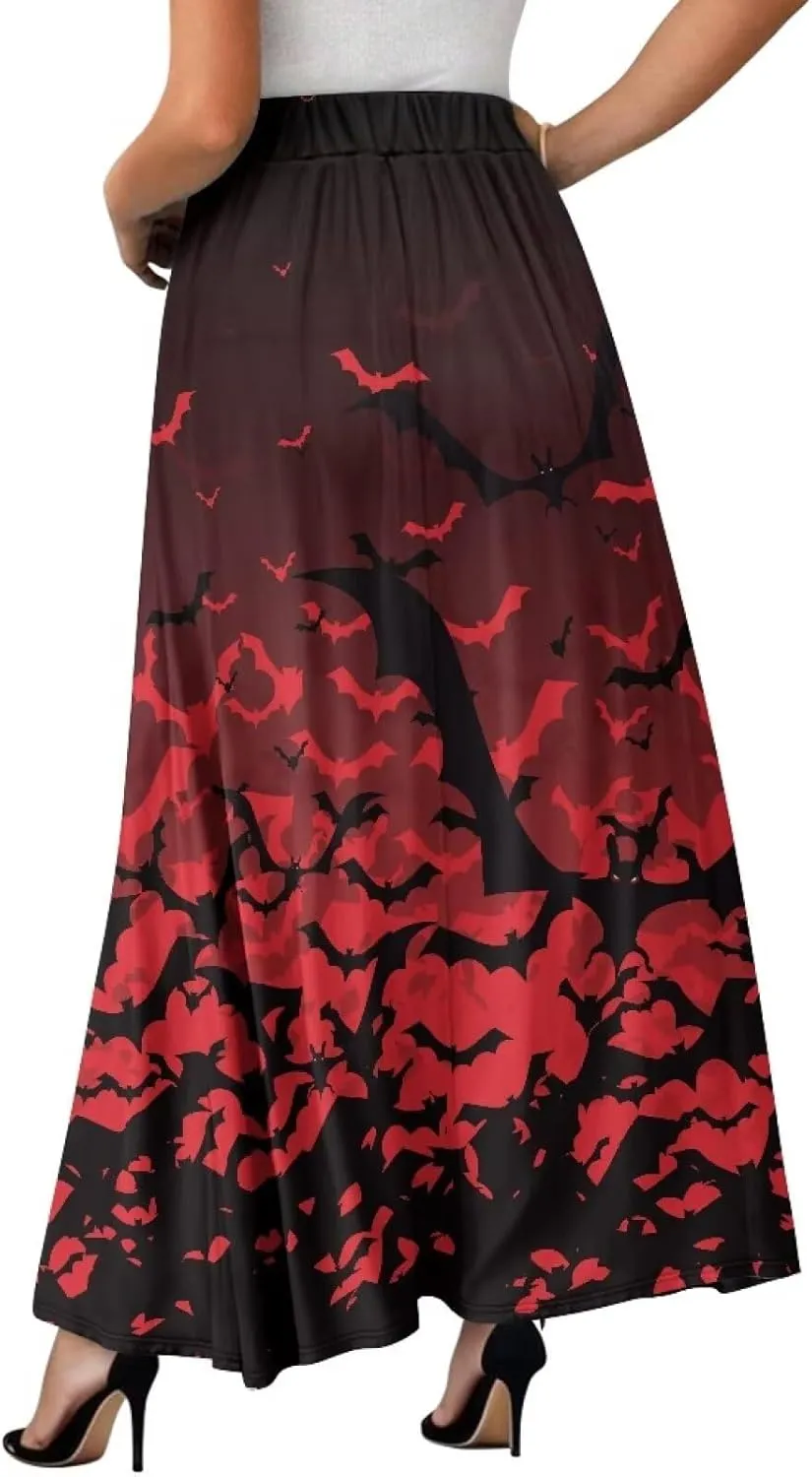 Women's Elastic High Waist Maxi Skirts Full/Ankle Length Flowy Skirt with Pockets Casual Print A Line Long Skirt