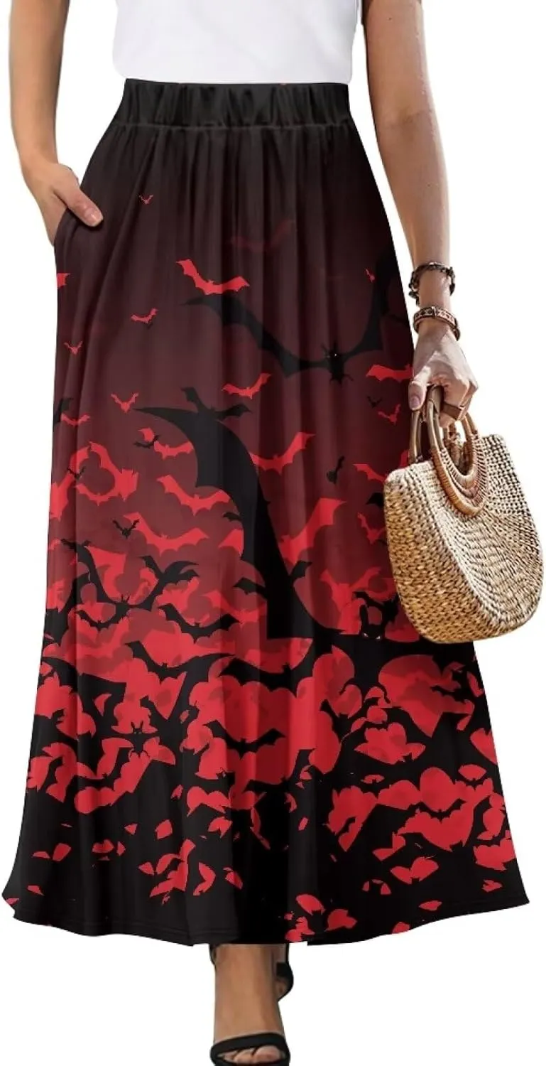 Women's Elastic High Waist Maxi Skirts Full/Ankle Length Flowy Skirt with Pockets Casual Print A Line Long Skirt