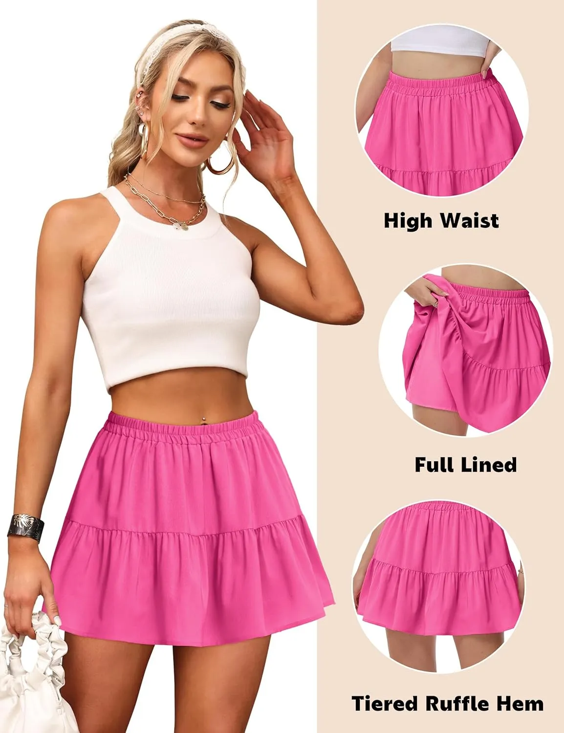 Womens Elastic High Waist Tiered Mini Skirt with Shorts Underneath Cute Boho Pleated Ruffle Skirt with Pockets