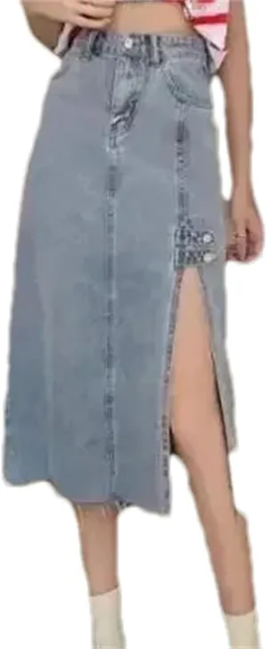 Women's Elegant Side Slit Denim Skirt  High-Waisted Slimming A-Line Long Summer Dress