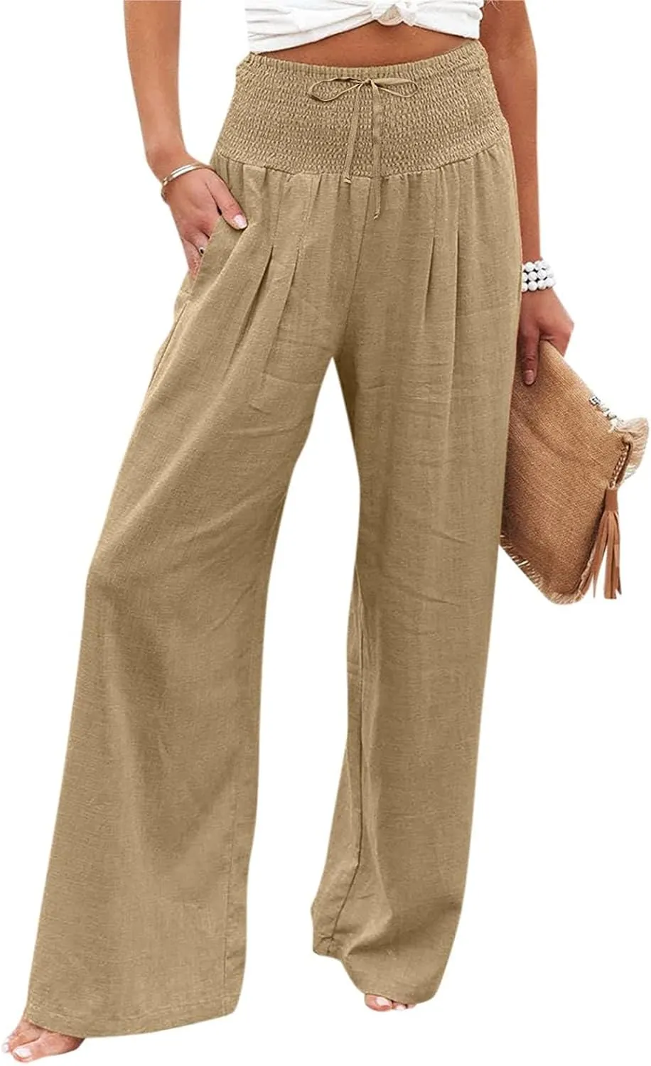 Women's Fashion High Waist Casual Bow Tie Pants Casual Palazzo Long Trousers Summer Beach Linen Pant with Pocket