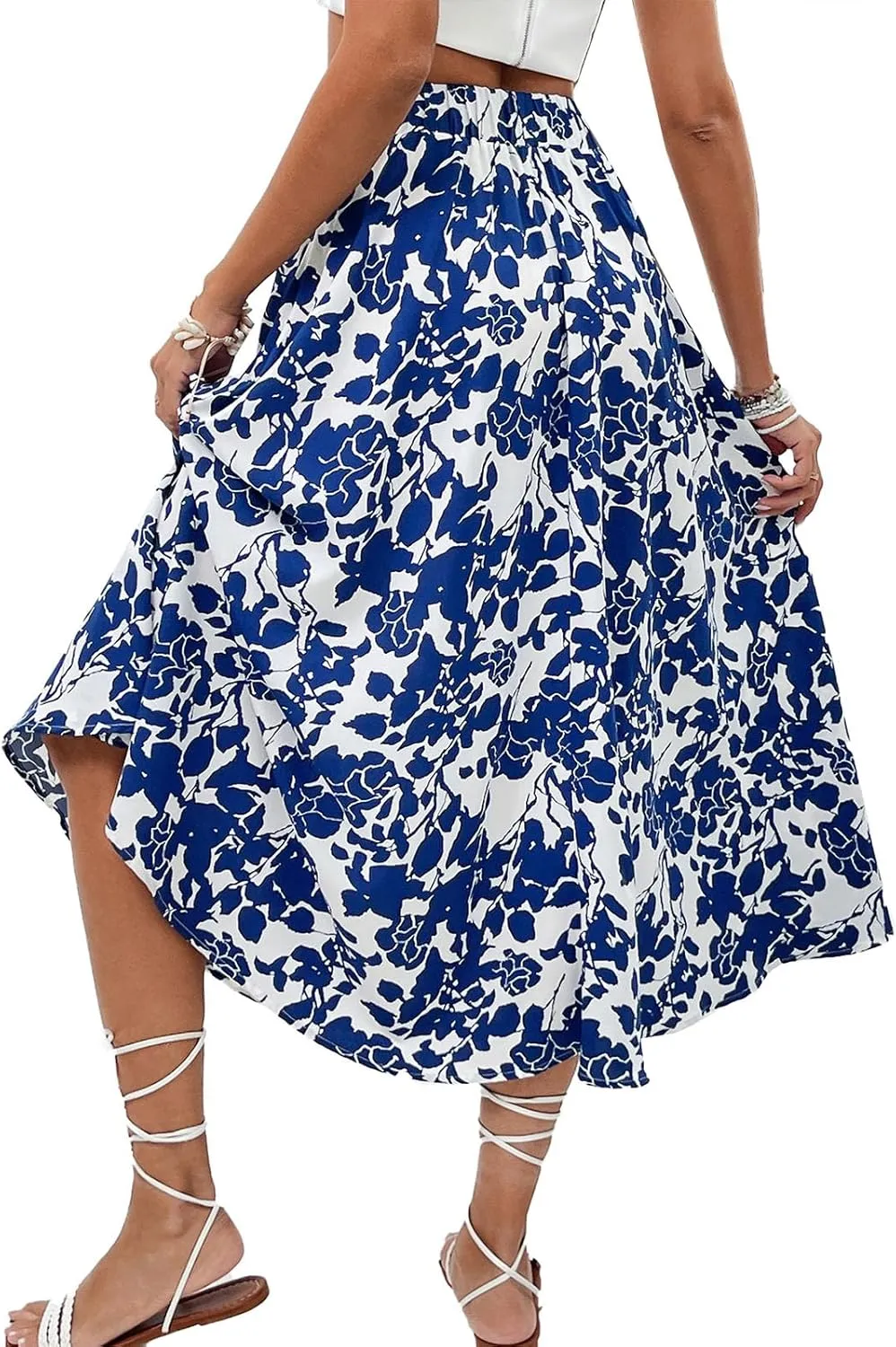 Women's Flowy Elastic High Waist Skirts Trendy Summer 2025 Boho Casual Beach Holiday Floral Print A Line Midi Skirt 802