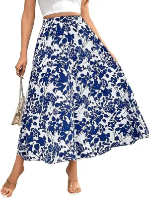 Women's Flowy Elastic High Waist Skirts Trendy Summer 2025 Boho Casual Beach Holiday Floral Print A Line Midi Skirt 802