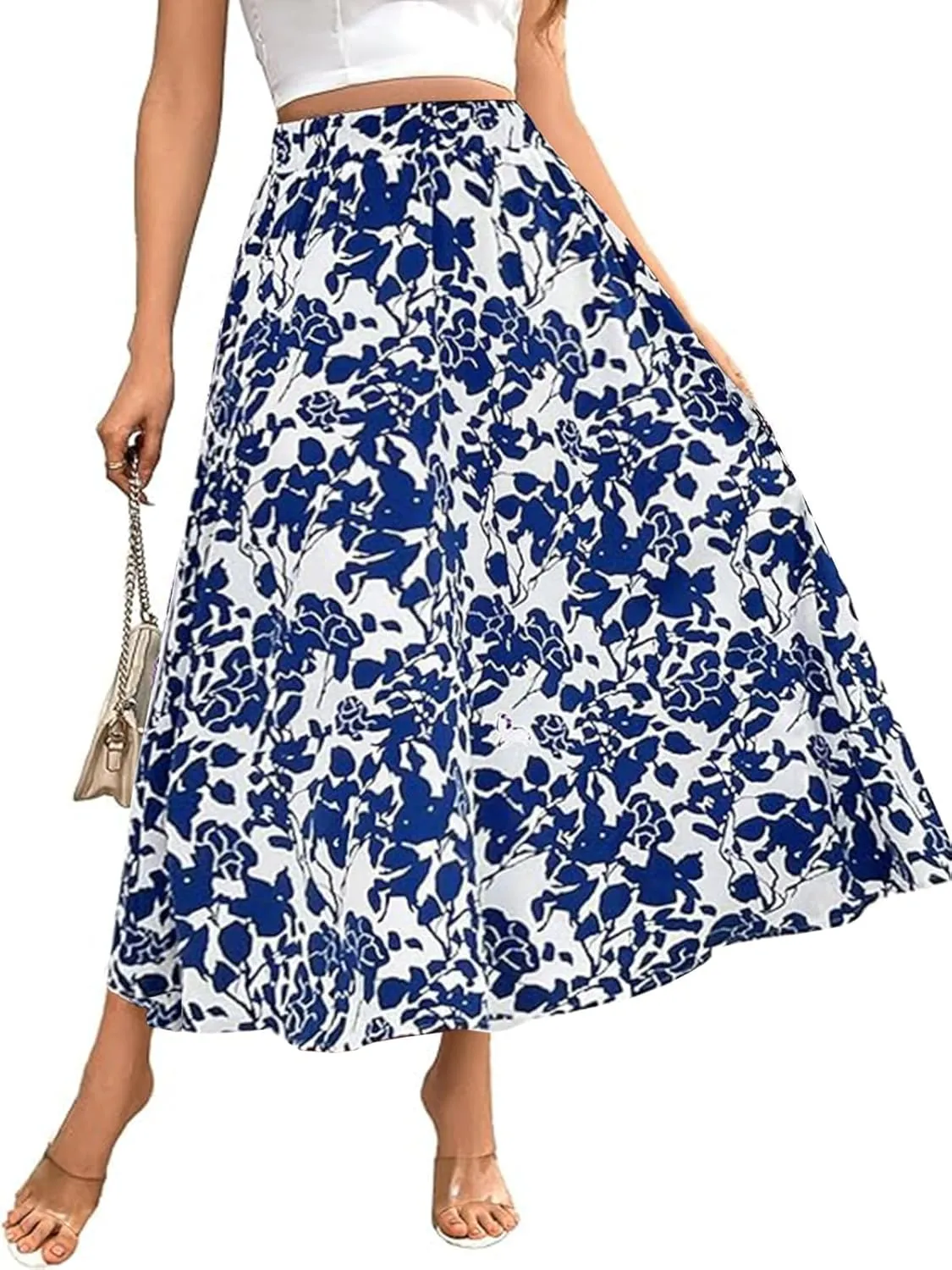 Women's Flowy Elastic High Waist Skirts Trendy Summer 2025 Boho Casual Beach Holiday Floral Print A Line Midi Skirt 802