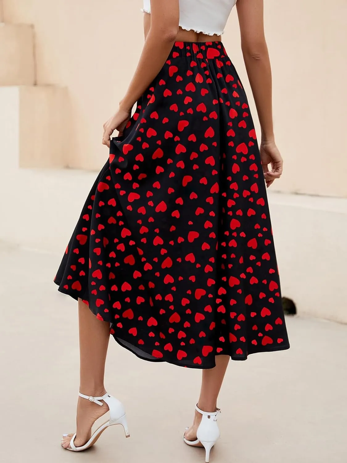 Women's Flowy Elastic High Waist Skirts Trendy Summer 2025 Boho Casual Beach Holiday Floral Print A Line Midi Skirt 802