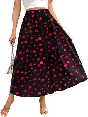 Women's Flowy Elastic High Waist Skirts Trendy Summer 2025 Boho Casual Beach Holiday Floral Print A Line Midi Skirt 802