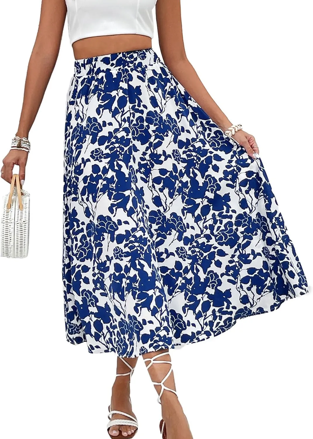 Women's Flowy Elastic High Waist Skirts Trendy Summer 2025 Boho Casual Beach Holiday Floral Print A Line Midi Skirt 802