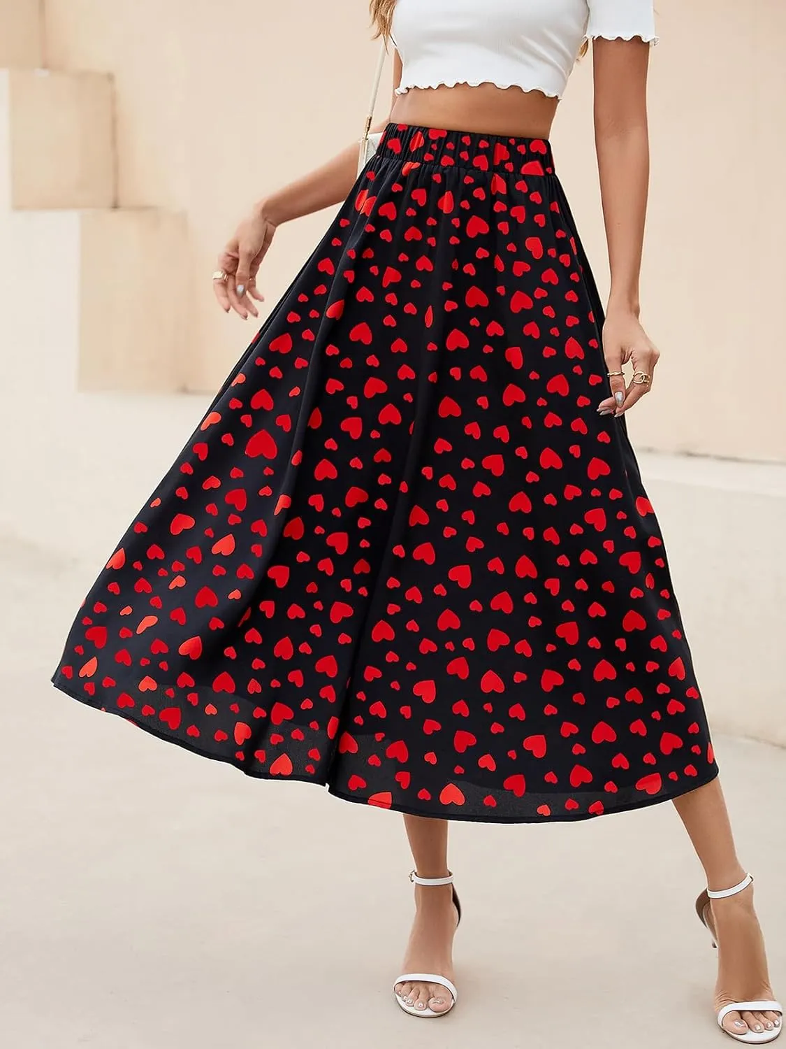 Women's Flowy Elastic High Waist Skirts Trendy Summer 2025 Boho Casual Beach Holiday Floral Print A Line Midi Skirt 802