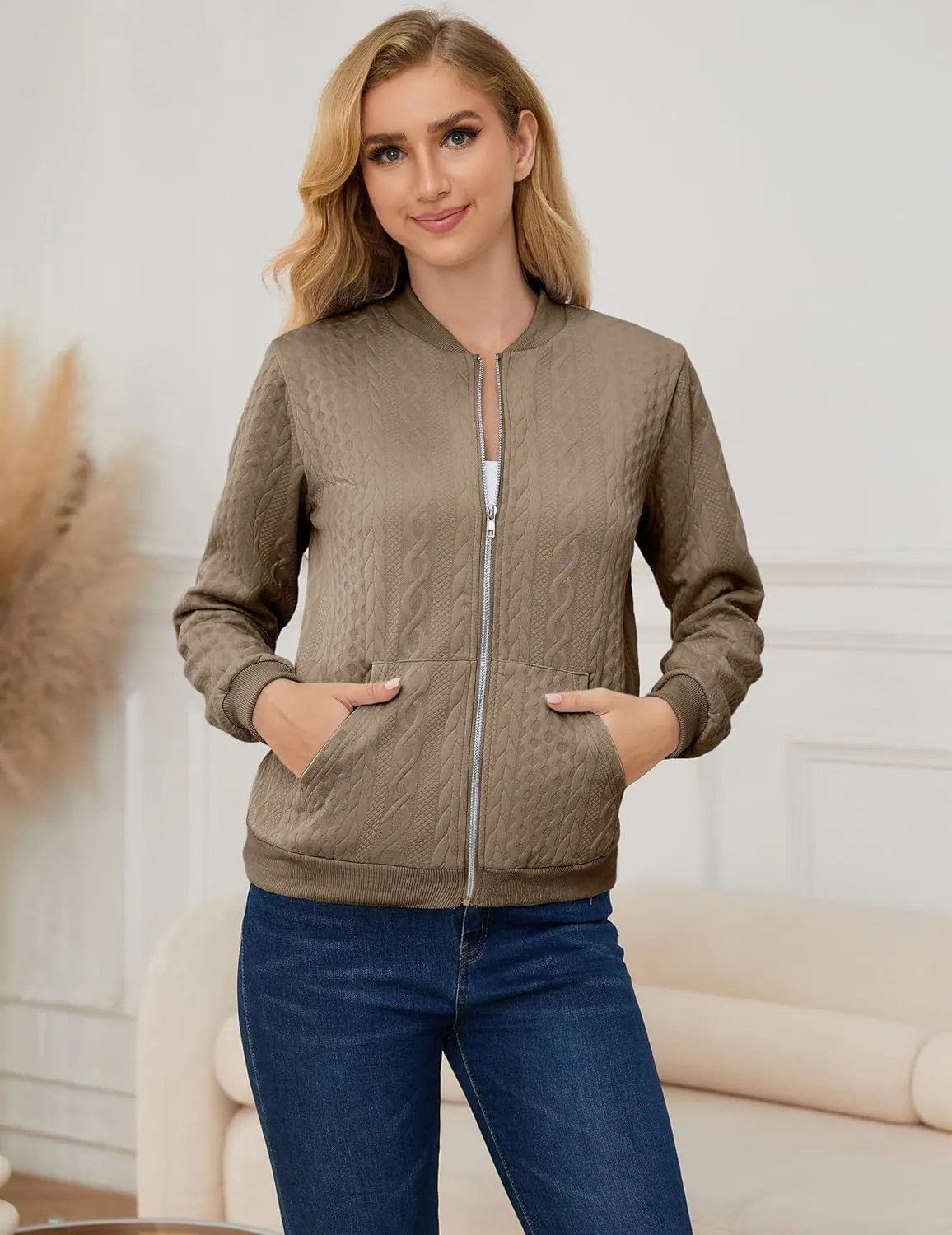 Womens Full Zip Up Cardigan Sweater Casual Solid Long Sleeve Sweatshirt Coat with Pocket