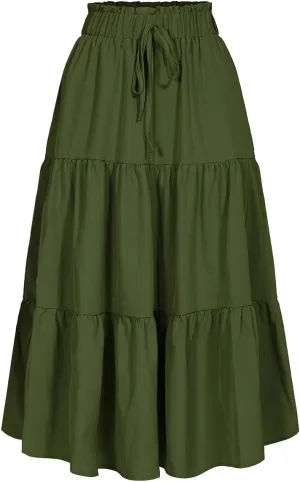 Women's High Elastic Waist Midi Skirt Casual Summer Trendy Tie Front Flowy Ruffle Floral Print A line Skirts 626