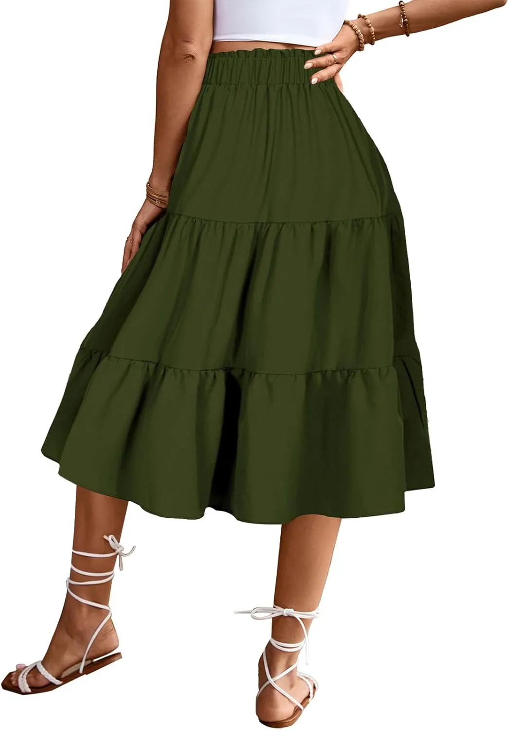 Women's High Elastic Waist Midi Skirt Casual Summer Trendy Tie Front Flowy Ruffle Floral Print A line Skirts 626