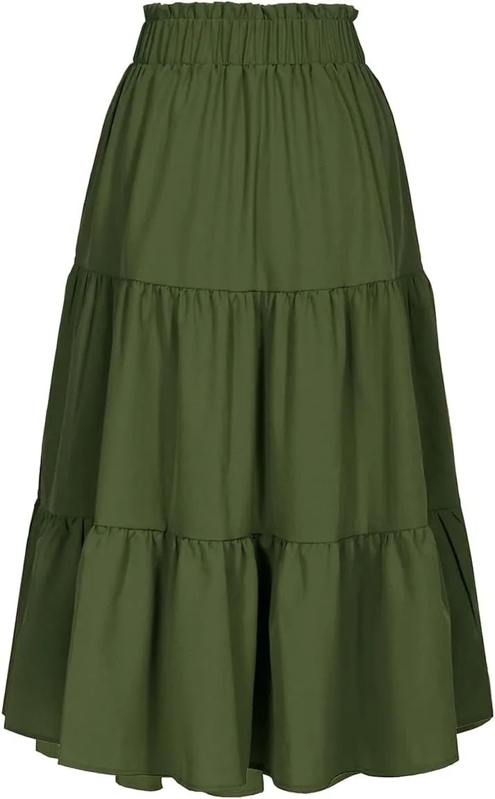Women's High Elastic Waist Midi Skirt Casual Summer Trendy Tie Front Flowy Ruffle Floral Print A line Skirts 626