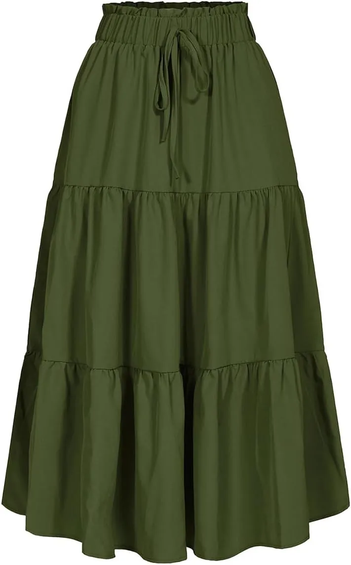 Women's High Elastic Waist Midi Skirt Casual Summer Trendy Tie Front Flowy Ruffle Floral Print A line Skirts 626