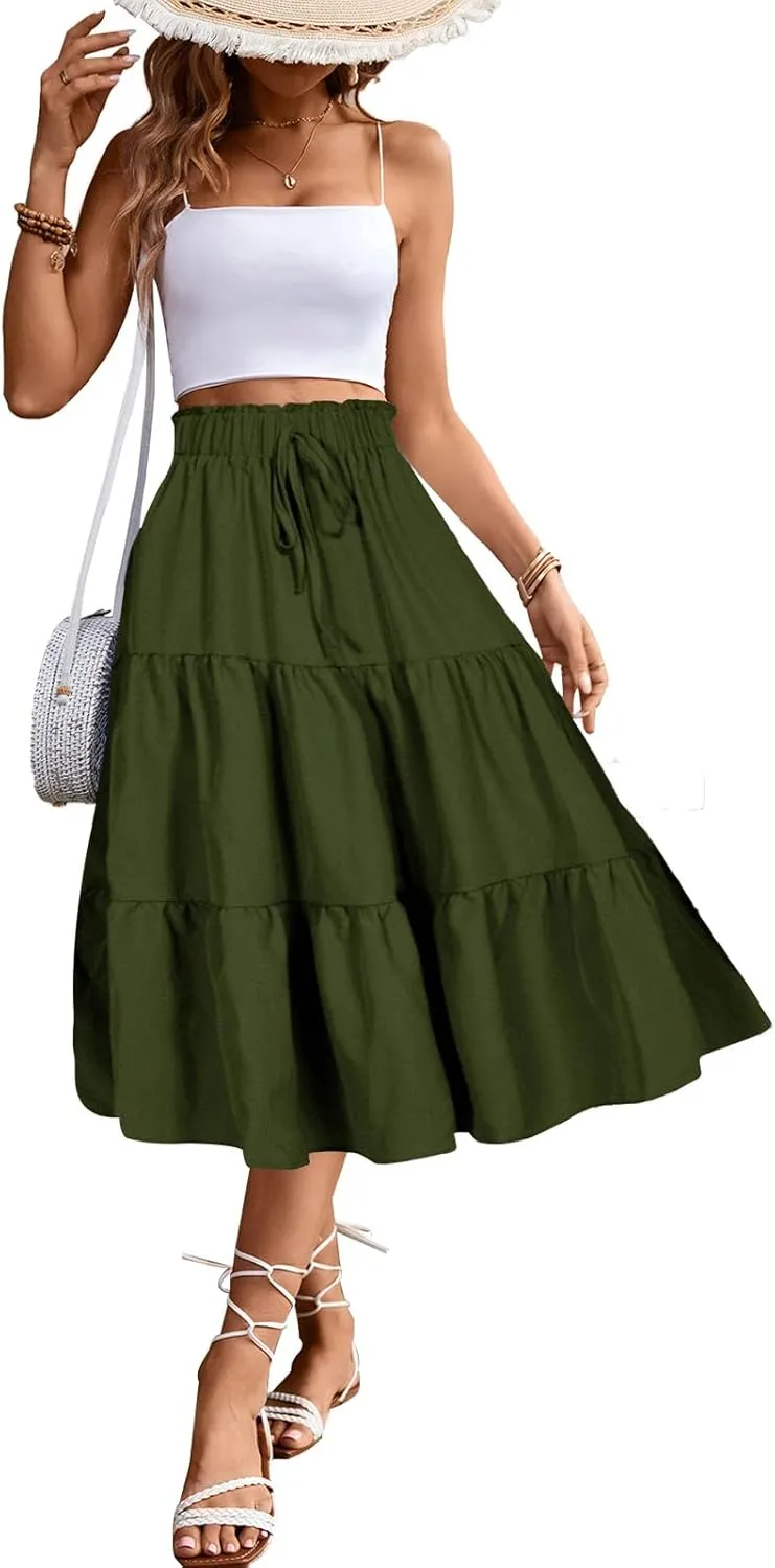 Women's High Elastic Waist Midi Skirt Casual Summer Trendy Tie Front Flowy Ruffle Floral Print A line Skirts 626