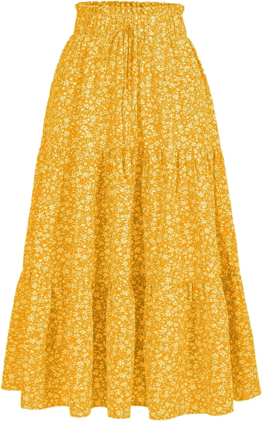 Women's High Elastic Waist Midi Skirt Casual Summer Trendy Tie Front Flowy Ruffle Floral Print A line Skirts 626