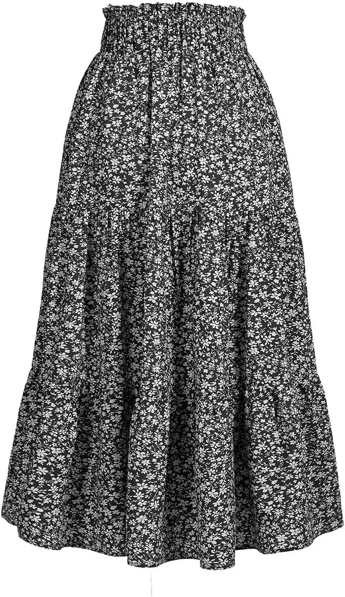 Women's High Elastic Waist Midi Skirt Casual Summer Trendy Tie Front Flowy Ruffle Floral Print A line Skirts 626