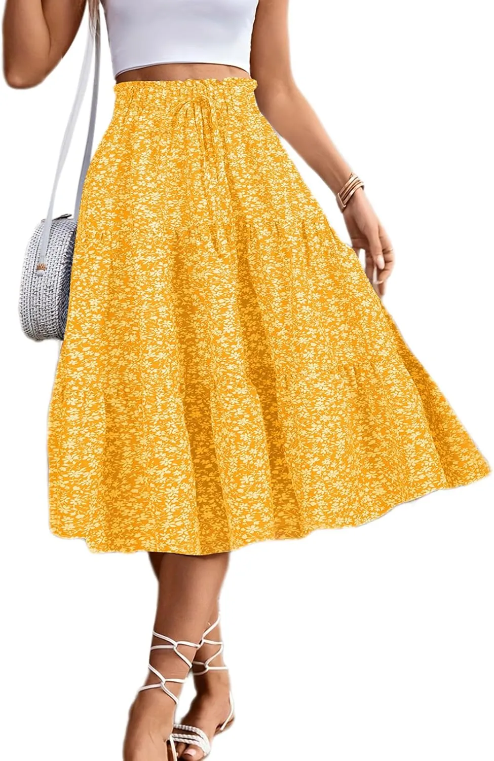 Women's High Elastic Waist Midi Skirt Casual Summer Trendy Tie Front Flowy Ruffle Floral Print A line Skirts 626