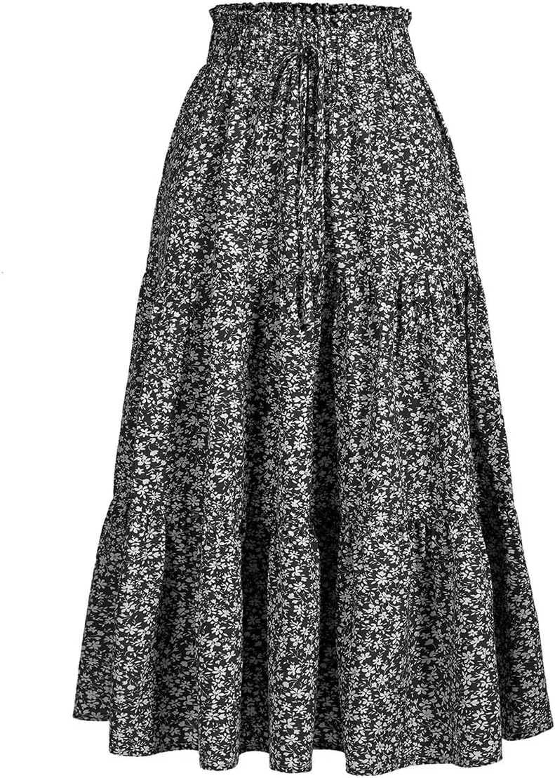 Women's High Elastic Waist Midi Skirt Casual Summer Trendy Tie Front Flowy Ruffle Floral Print A line Skirts 626