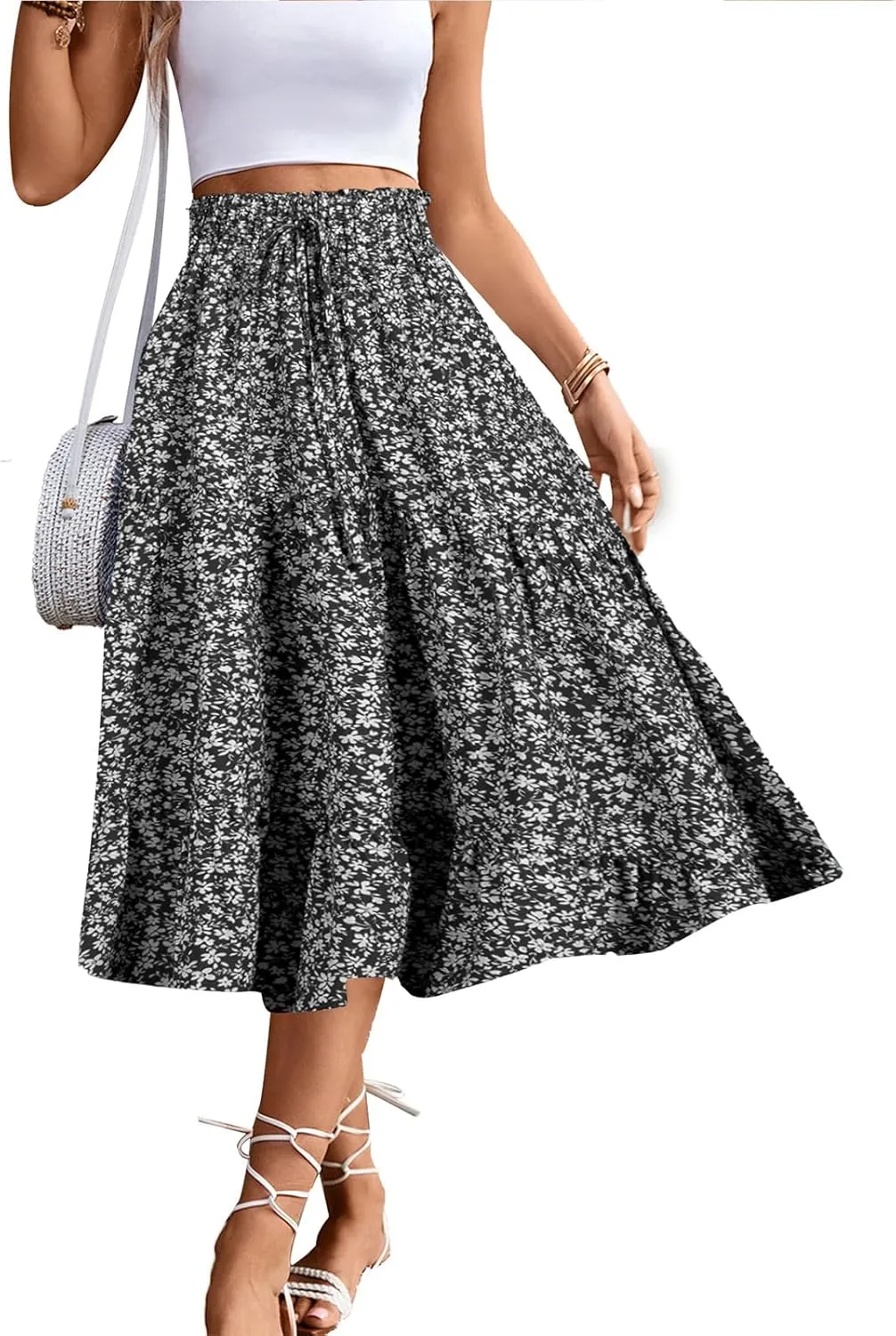Women's High Elastic Waist Midi Skirt Casual Summer Trendy Tie Front Flowy Ruffle Floral Print A line Skirts 626
