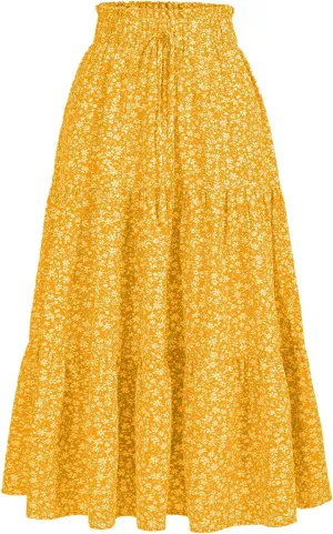 Women's High Elastic Waist Midi Skirt Casual Summer Trendy Tie Front Flowy Ruffle Floral Print A line Skirts 626