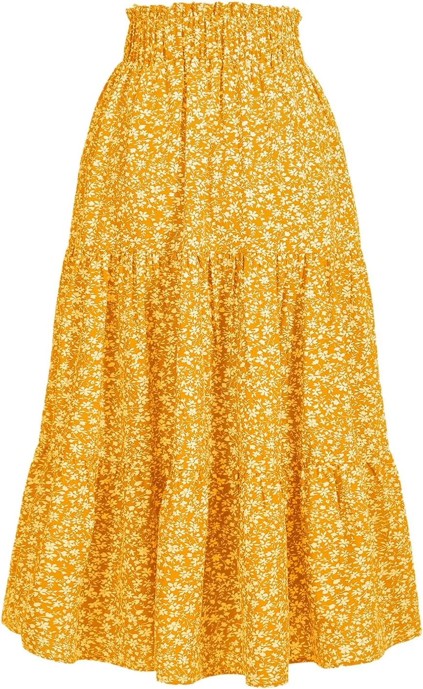 Women's High Elastic Waist Midi Skirt Casual Summer Trendy Tie Front Flowy Ruffle Floral Print A line Skirts 626