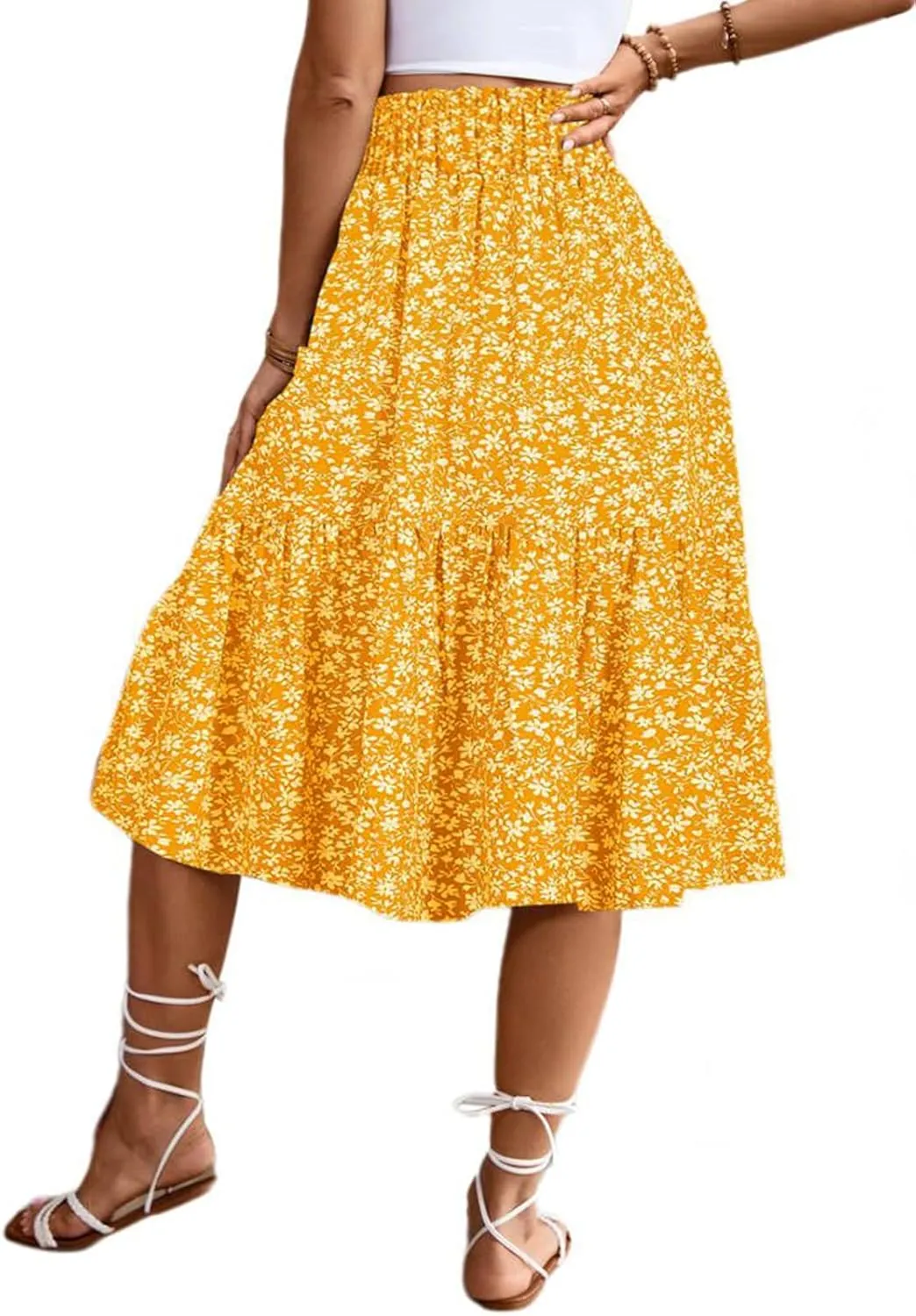 Women's High Elastic Waist Midi Skirt Casual Summer Trendy Tie Front Flowy Ruffle Floral Print A line Skirts 626
