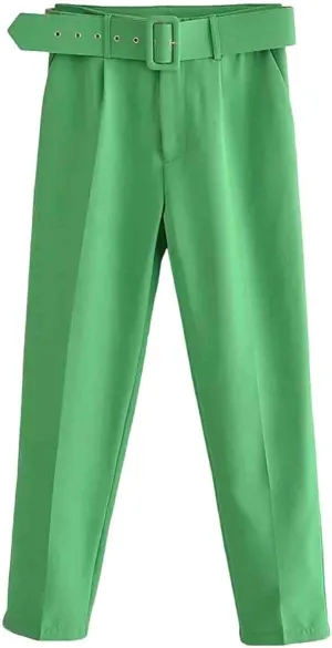 Women's High Waist Slim Fit Cropped Pants Straight Leg Suits Trousers Casual Work Office Slacks Dress Pants with Belt