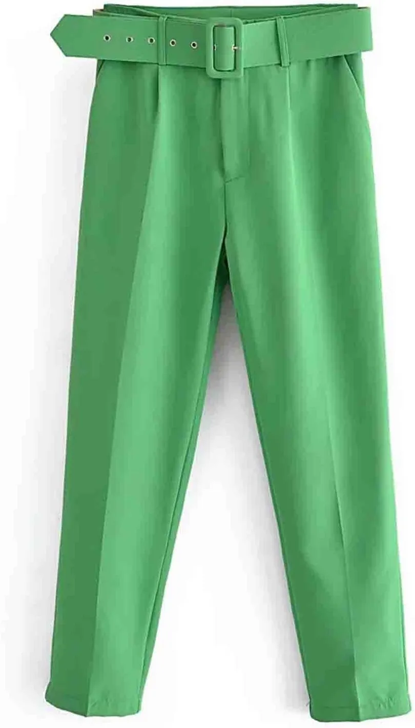 Women's High Waist Slim Fit Cropped Pants Straight Leg Suits Trousers Casual Work Office Slacks Dress Pants with Belt