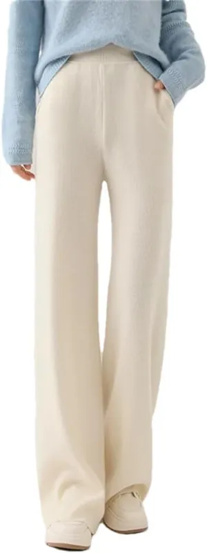 Women's High Waist Wide Leg Pants 100 Percent Wool Pants Winter Casual Loose Floor Trousers