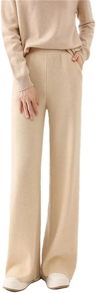 Women's High Waist Wide Leg Pants 100 Percent Wool Pants Winter Casual Loose Floor Trousers