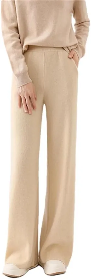 Women's High Waist Wide Leg Pants 100 Percent Wool Pants Winter Casual Loose Floor Trousers