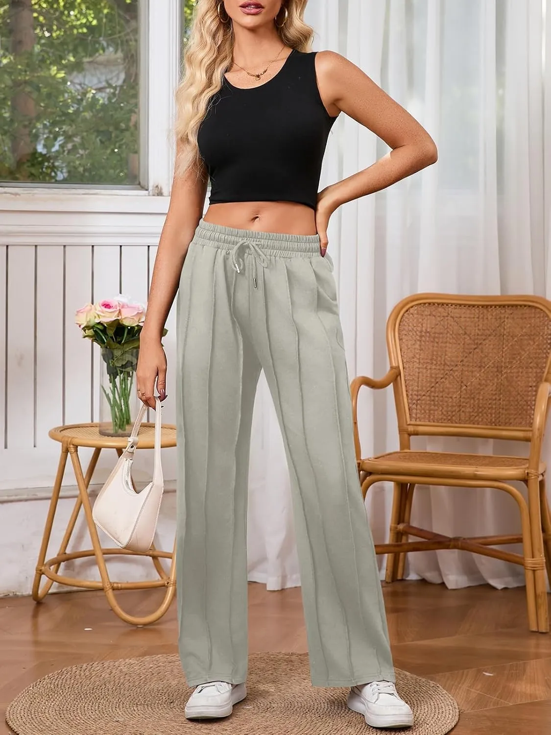 Women's High Waisted Drawstring Waist Wide Leg Solid Color Pants Sweatpants Casual Loose Yoga Pants with Pockets