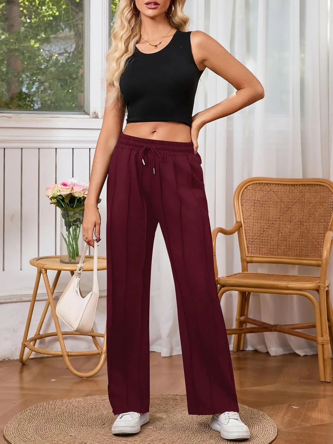 Women's High Waisted Drawstring Waist Wide Leg Solid Color Pants Sweatpants Casual Loose Yoga Pants with Pockets