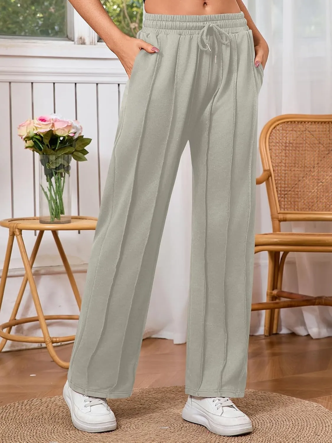 Women's High Waisted Drawstring Waist Wide Leg Solid Color Pants Sweatpants Casual Loose Yoga Pants with Pockets