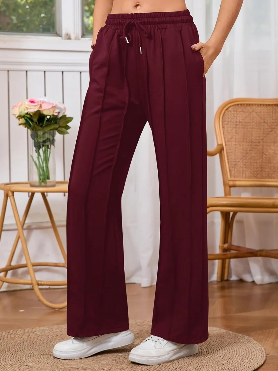 Women's High Waisted Drawstring Waist Wide Leg Solid Color Pants Sweatpants Casual Loose Yoga Pants with Pockets