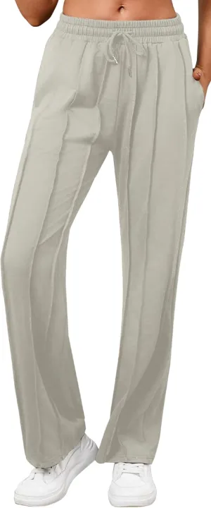 Women's High Waisted Drawstring Waist Wide Leg Solid Color Pants Sweatpants Casual Loose Yoga Pants with Pockets