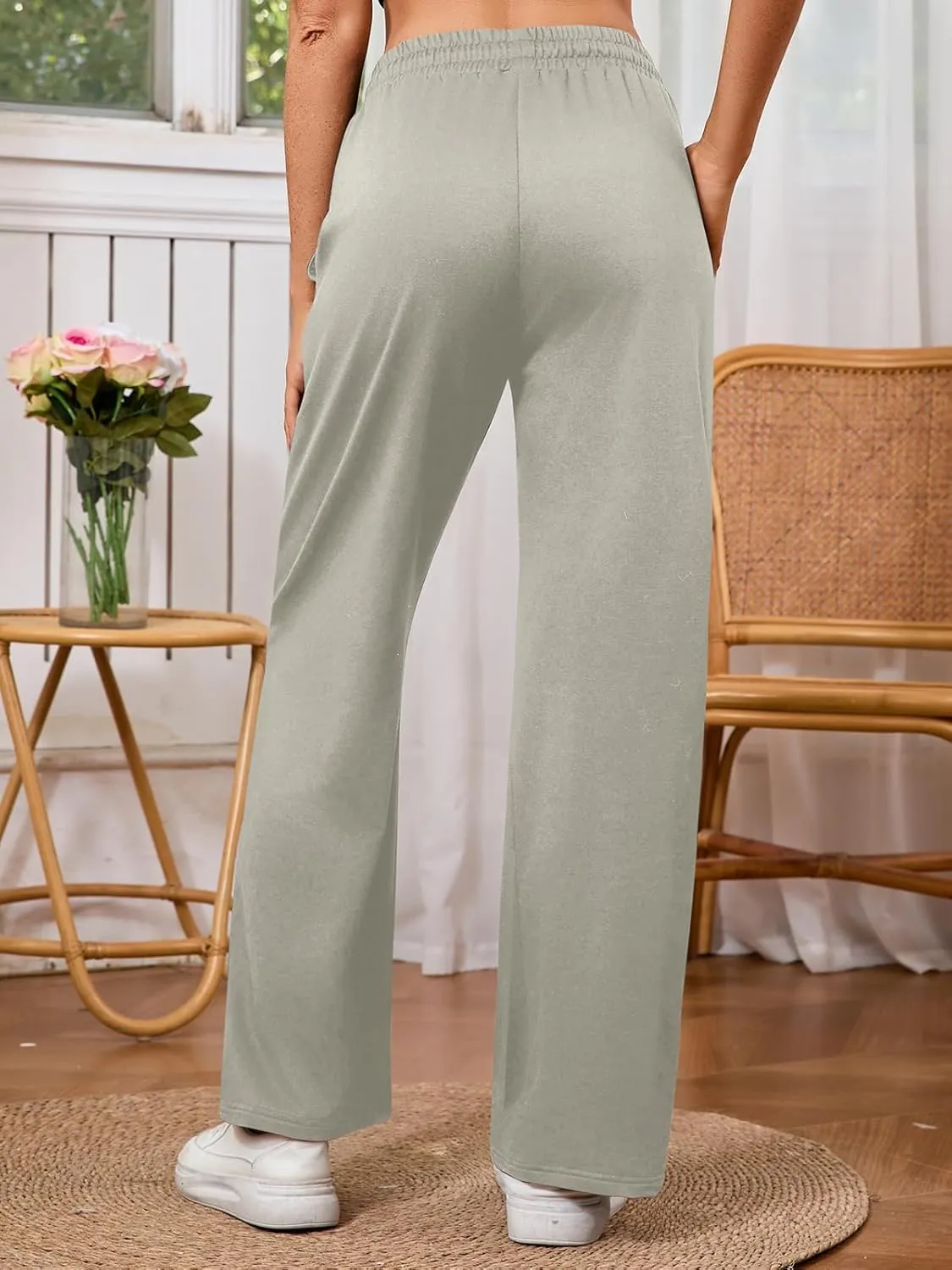 Women's High Waisted Drawstring Waist Wide Leg Solid Color Pants Sweatpants Casual Loose Yoga Pants with Pockets