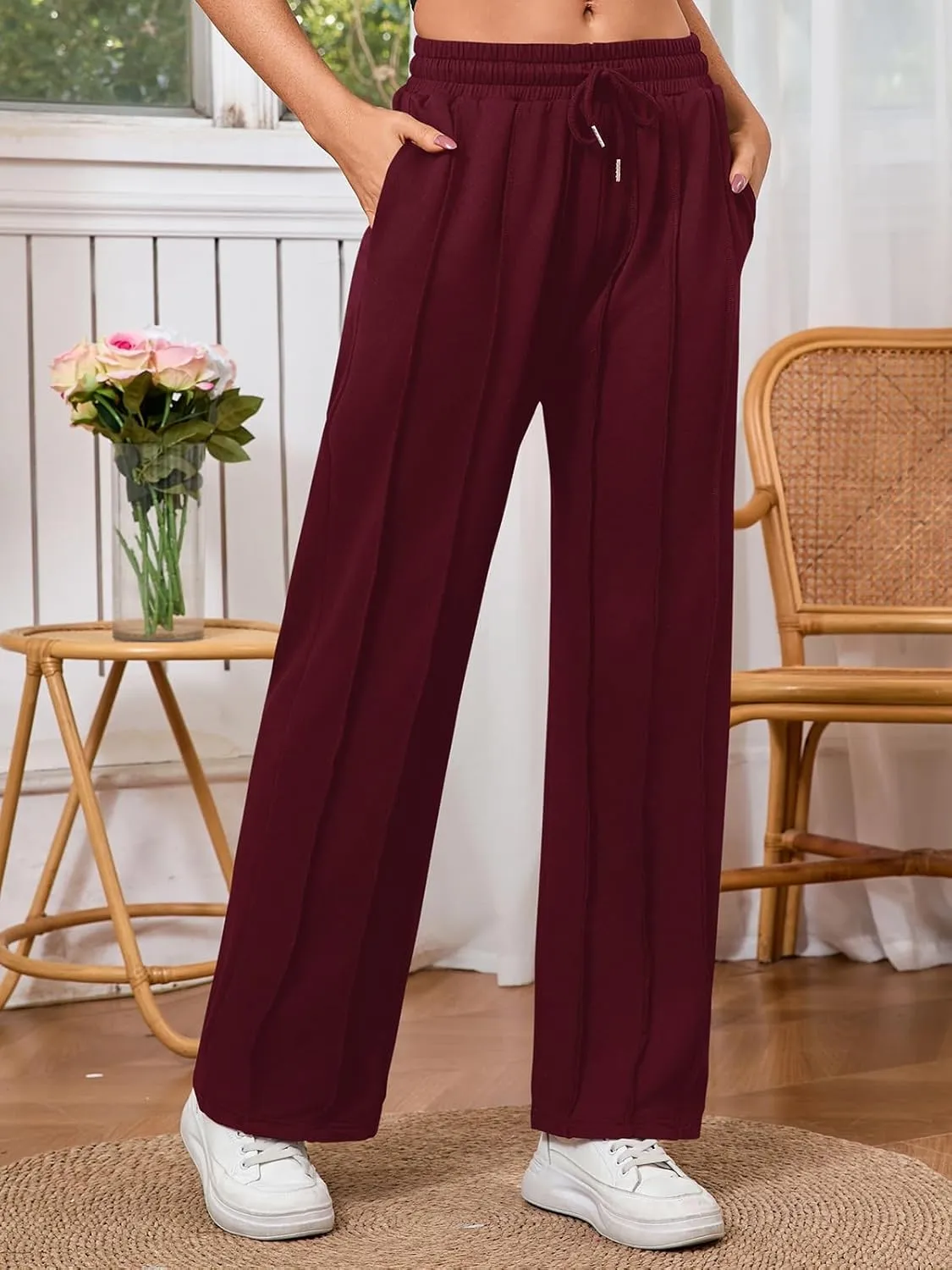 Women's High Waisted Drawstring Waist Wide Leg Solid Color Pants Sweatpants Casual Loose Yoga Pants with Pockets