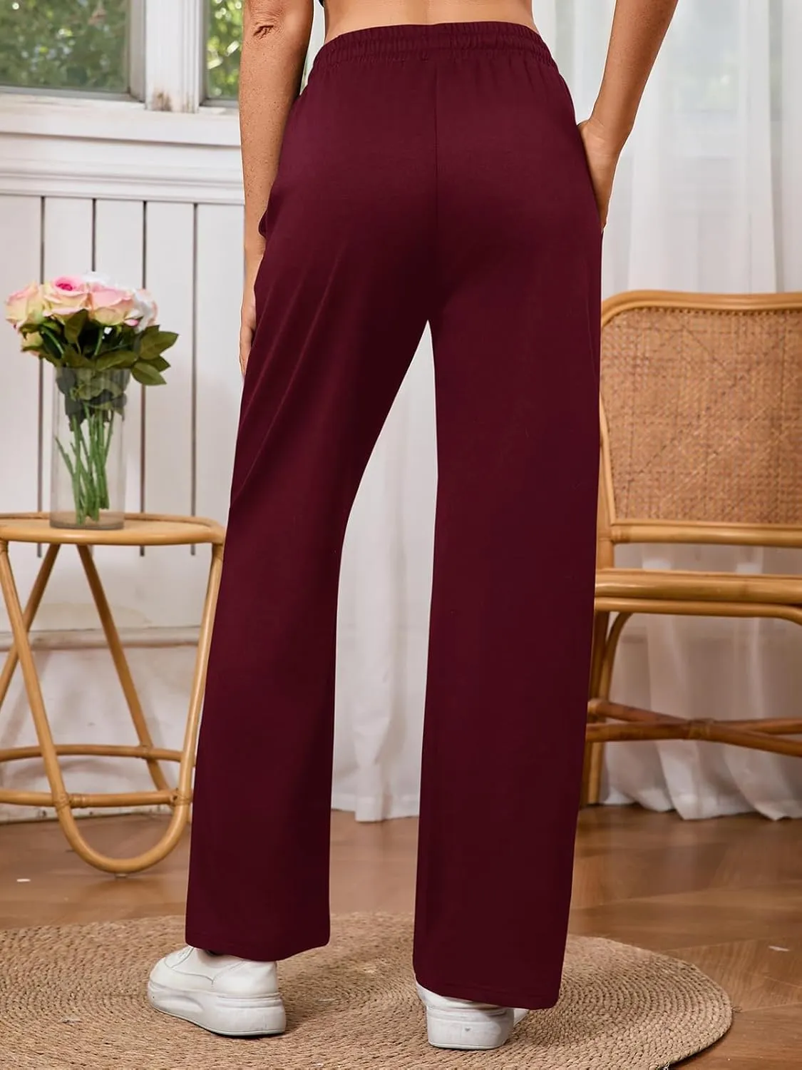 Women's High Waisted Drawstring Waist Wide Leg Solid Color Pants Sweatpants Casual Loose Yoga Pants with Pockets