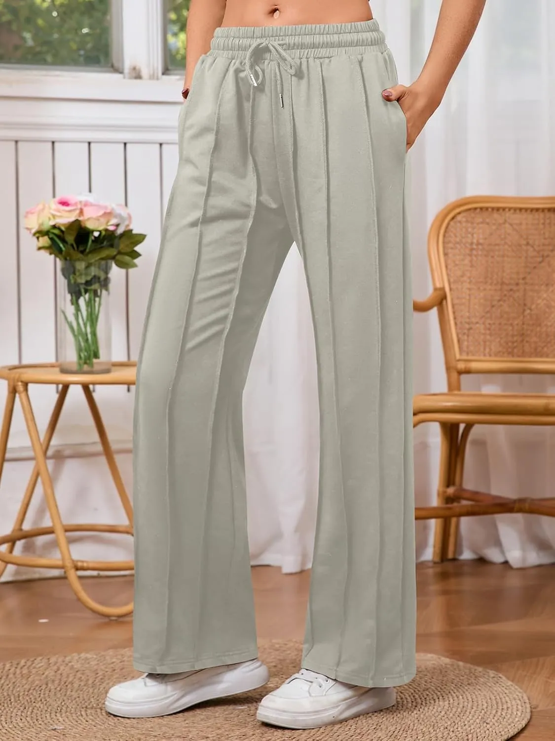 Women's High Waisted Drawstring Waist Wide Leg Solid Color Pants Sweatpants Casual Loose Yoga Pants with Pockets