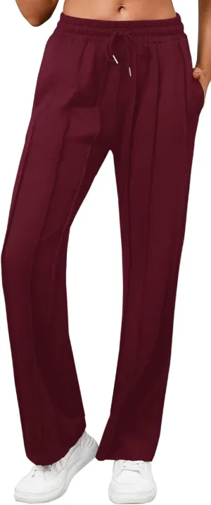 Women's High Waisted Drawstring Waist Wide Leg Solid Color Pants Sweatpants Casual Loose Yoga Pants with Pockets
