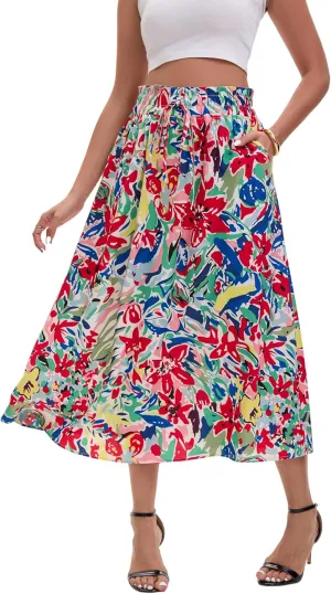Women's High-Waisted Printed Skirt Spring Summer Autumn Elastic Waist MIDI Casual Skirt