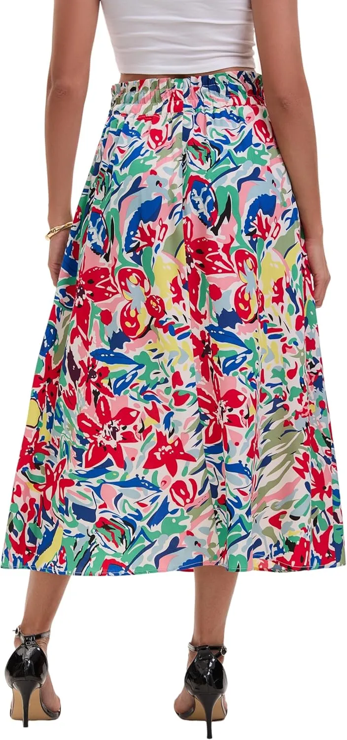 Women's High-Waisted Printed Skirt Spring Summer Autumn Elastic Waist MIDI Casual Skirt