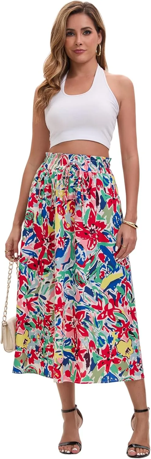 Women's High-Waisted Printed Skirt Spring Summer Autumn Elastic Waist MIDI Casual Skirt