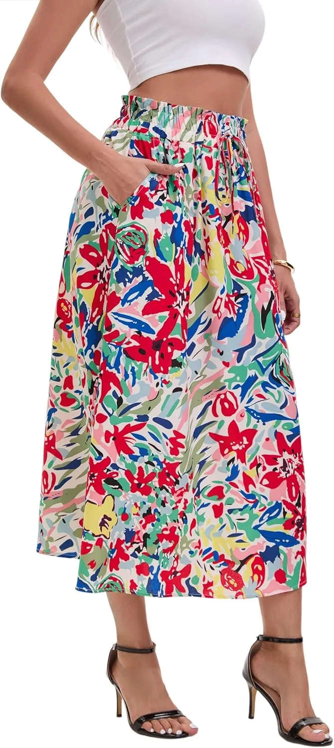Women's High-Waisted Printed Skirt Spring Summer Autumn Elastic Waist MIDI Casual Skirt