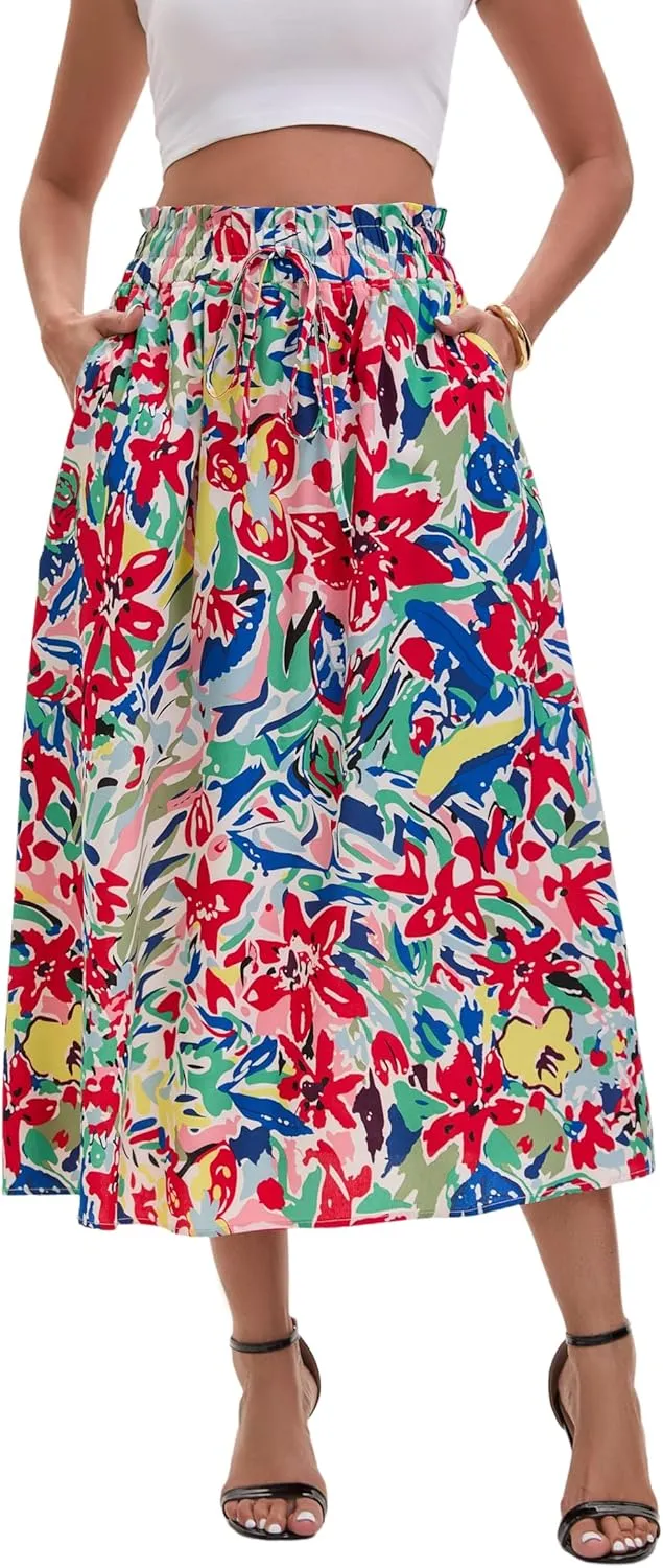 Women's High-Waisted Printed Skirt Spring Summer Autumn Elastic Waist MIDI Casual Skirt