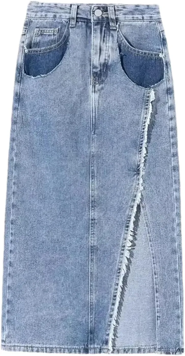 Women's High-Waisted Side Slit Denim Skirt  Plus Size Summer Dress Casual Slit Midi Skirt Button-Up with Pockets