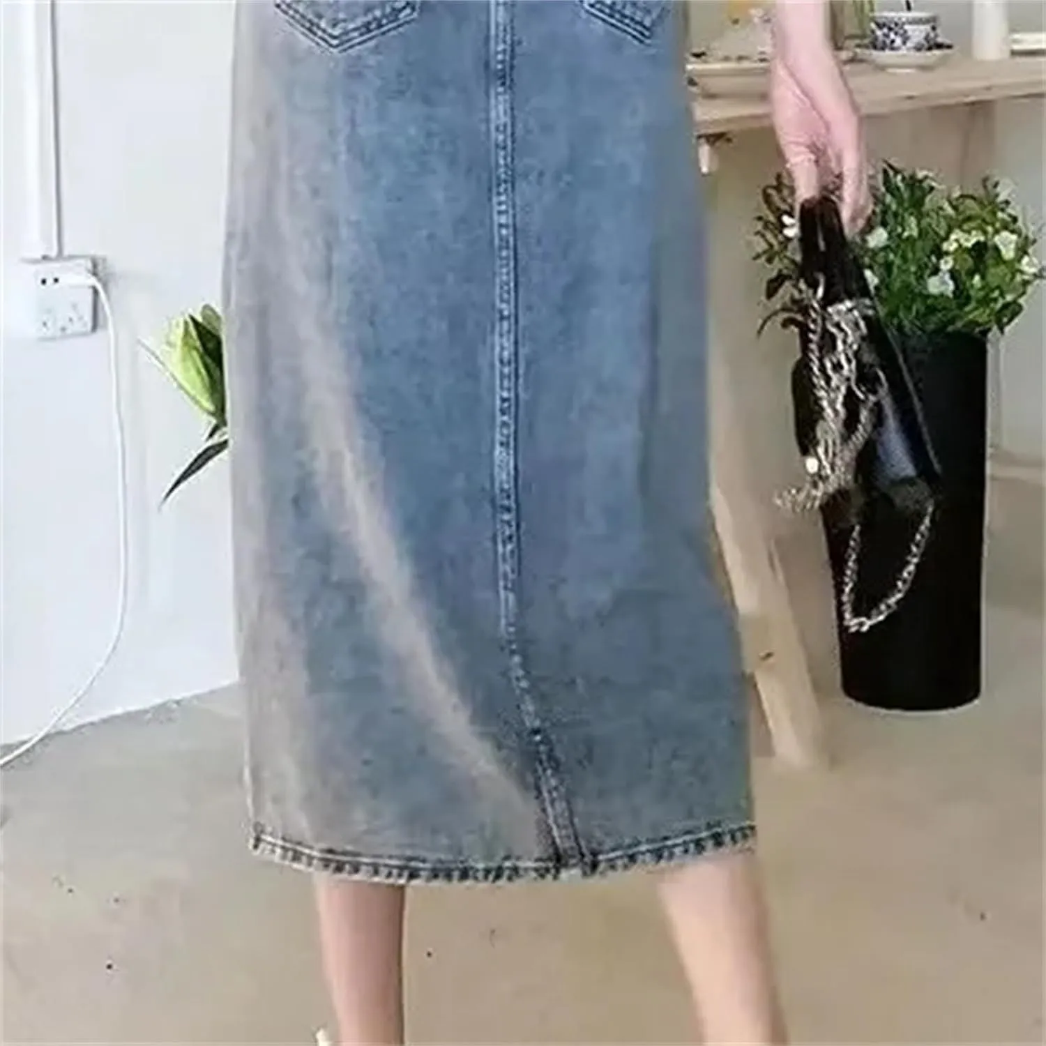 Women's High-Waisted Side Slit Denim Skirt  Plus Size Summer Dress Casual Slit Midi Skirt Button-Up with Pockets